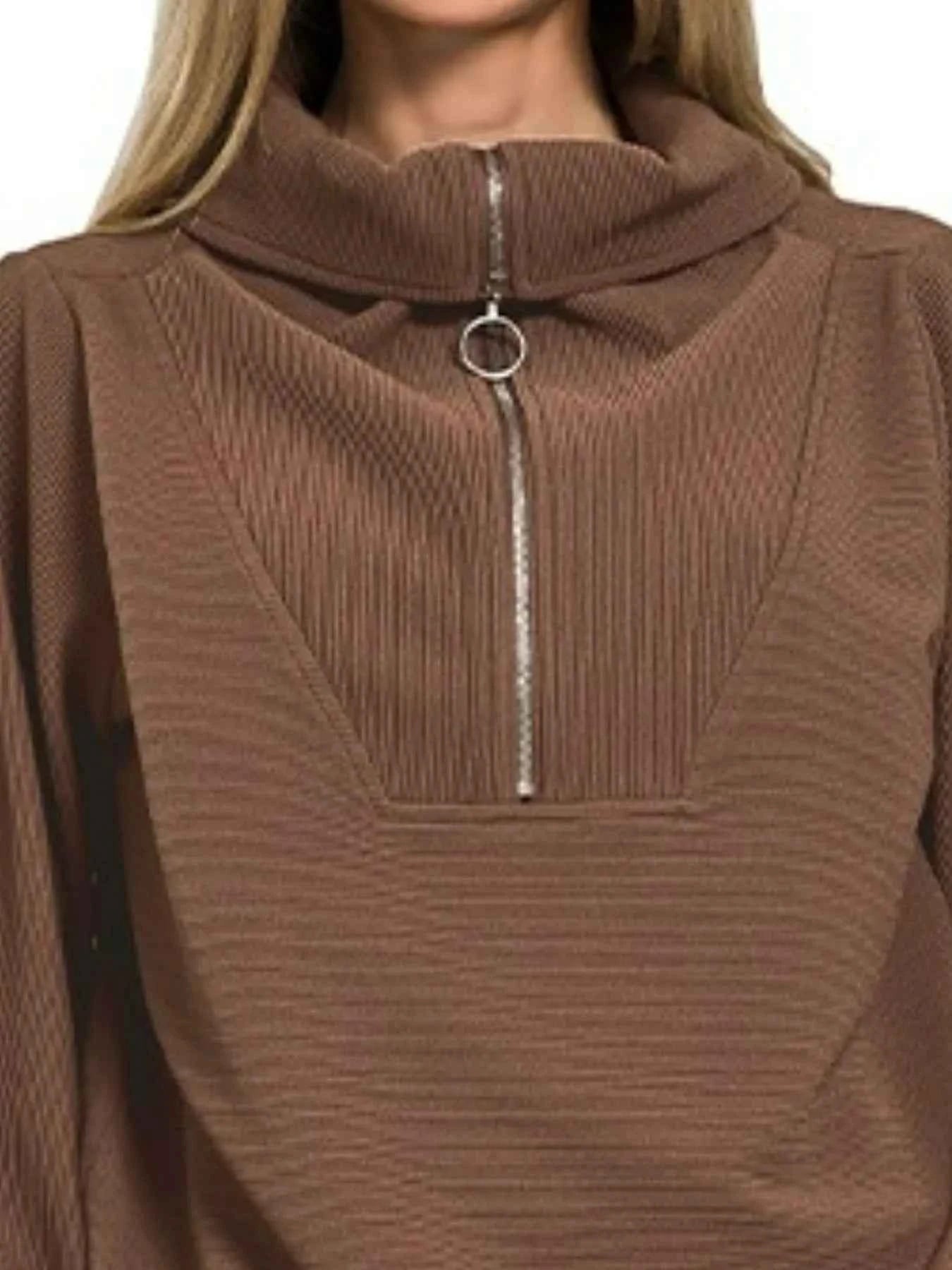 Zenana Ribbed High Neck Half Zip Pullover & Pants Set