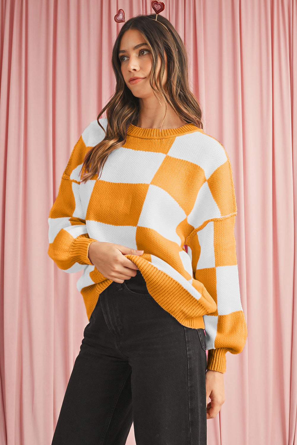 Orange & White Plaid Exposed Seam Bishop Sleeve Sweater a85ea386fc5e8ba0