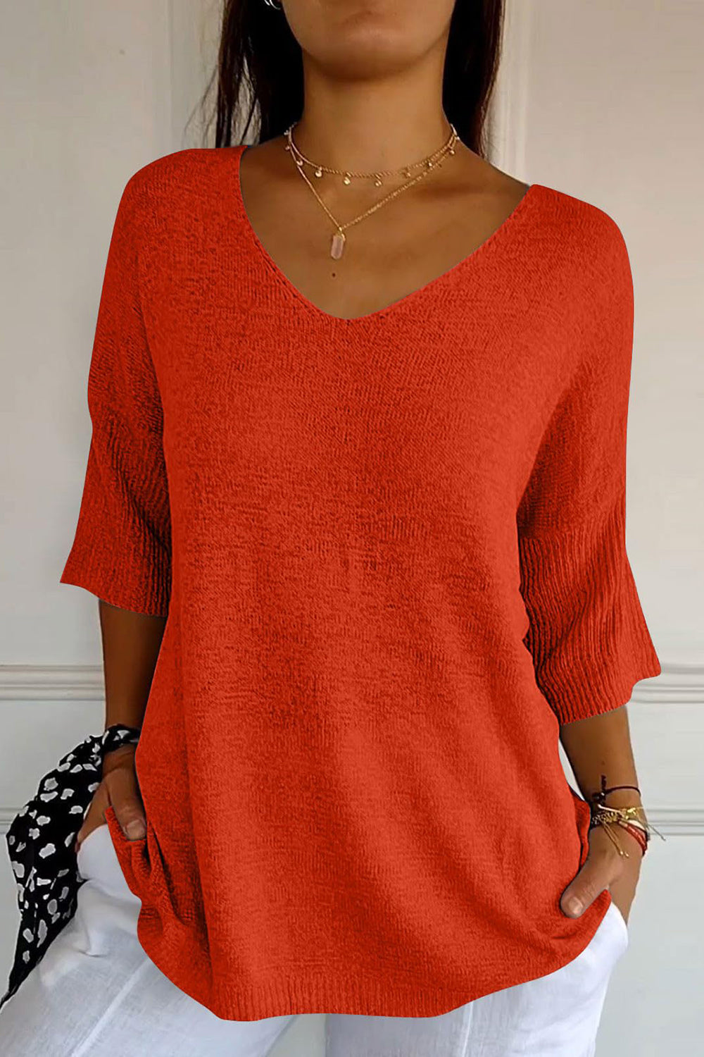 V-Neck Three-Quarter Sleeve Knit Top