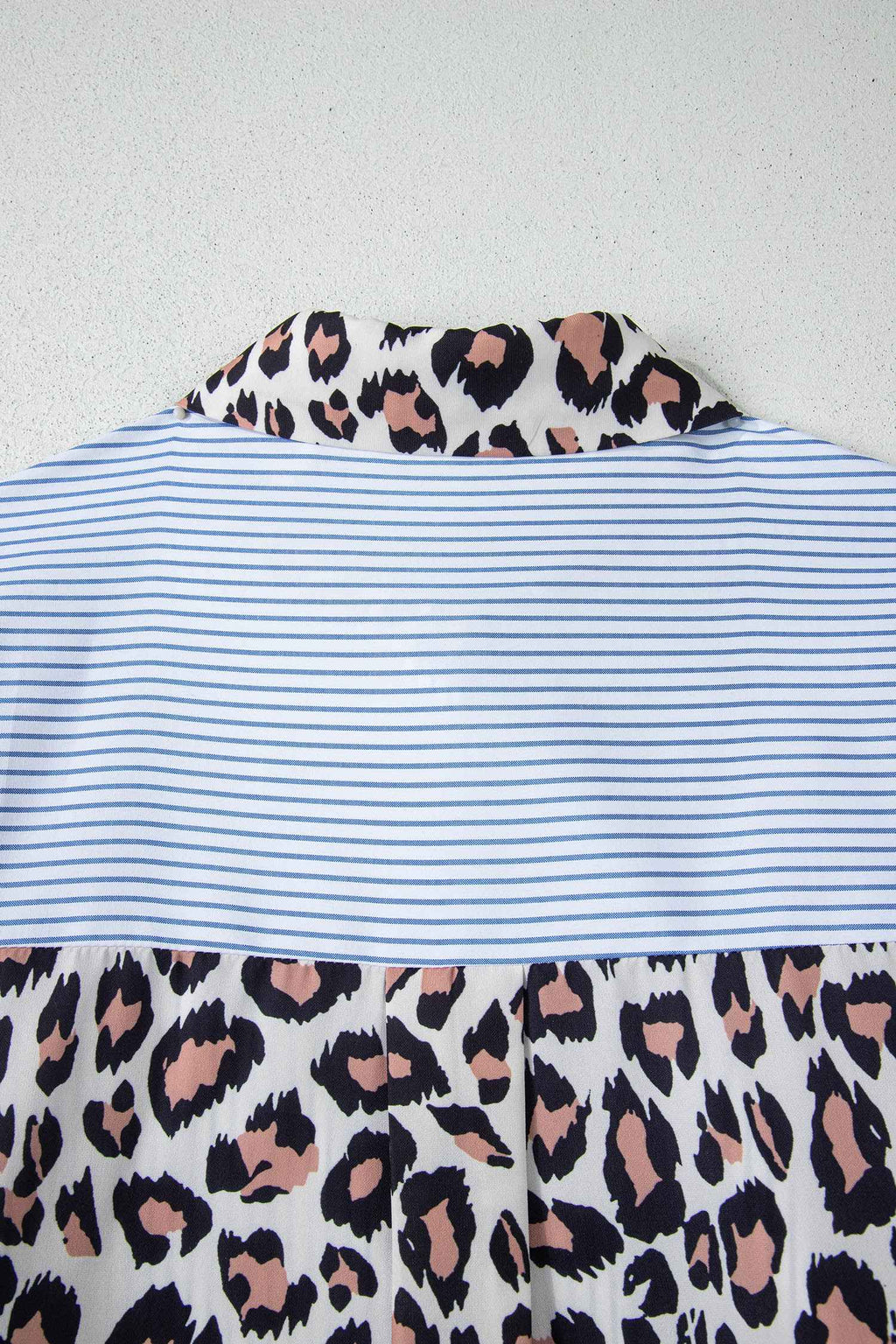 Sky Blue Stripe Colorblock Leopard Patchwork Chest Pocket Cuffed Sleeve Shirt a863d2e0dad50226