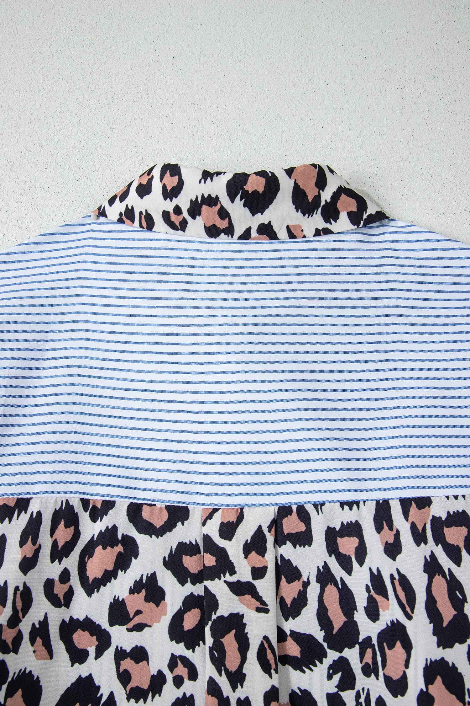Sky Blue Stripe Colorblock Leopard Patchwork Chest Pocket Cuffed Sleeve Shirt a863d2e0dad50226