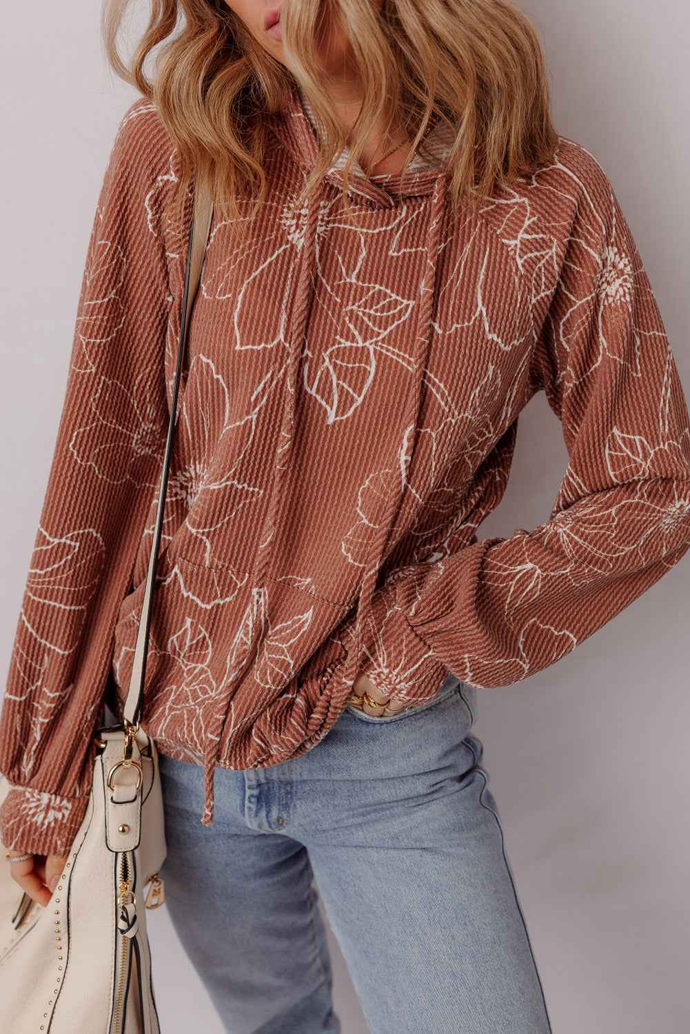 Brown Floral Twisted Rib Drawstring Kangaroo Pocket Hooded Top Brown 95%Polyester+5%Elastane a86c34f621b7b169
