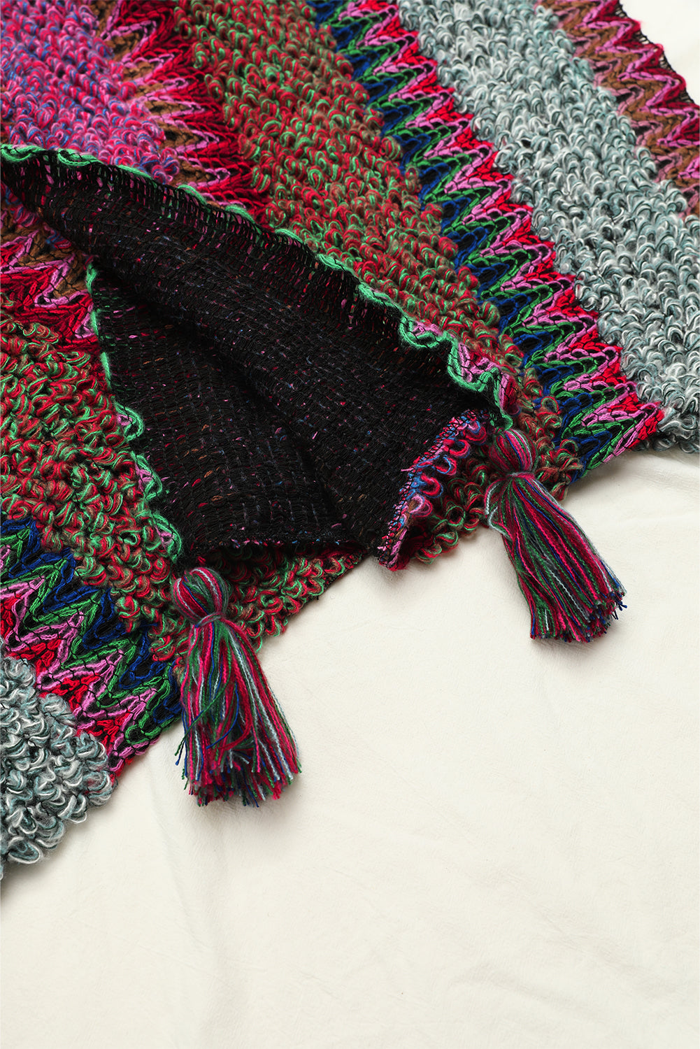 Rose Red Ethnic Tassel Knit Poncho a86df44243ba9316