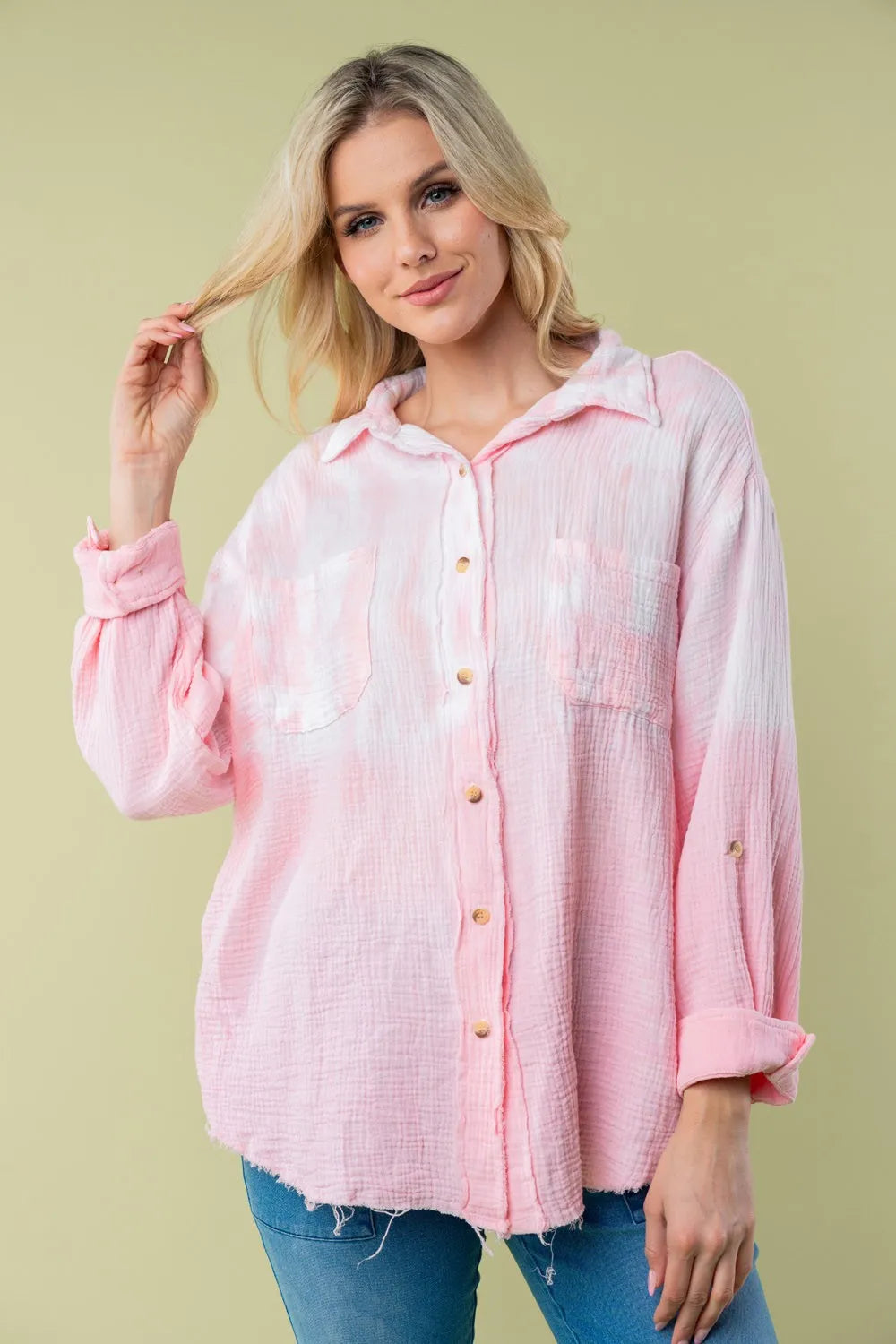 White Birch Full Size Long Sleeve Tie Dye Shirt Pink a87695e3-6a23-4360-b5f1-a0eb20f27ae5-Max