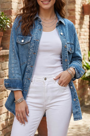 Sail Blue Rivet Embellished Western Style Regular Fit Long Sleeve Denim Jacket Sail Blue 81.3%Cotton+13%Polyester+5.7%Regenerated Fibre a87a8f8caa23ebde