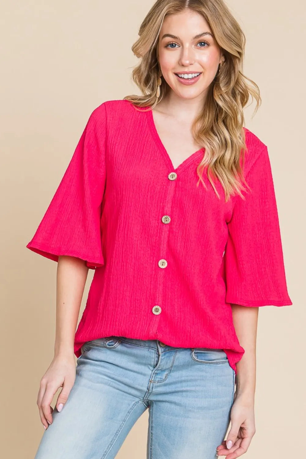 BOMBOM Texture Decorative Button V-Neck Top Fuchsia a87dfaef-598f-48c0-8066-24231cf317e0-Max