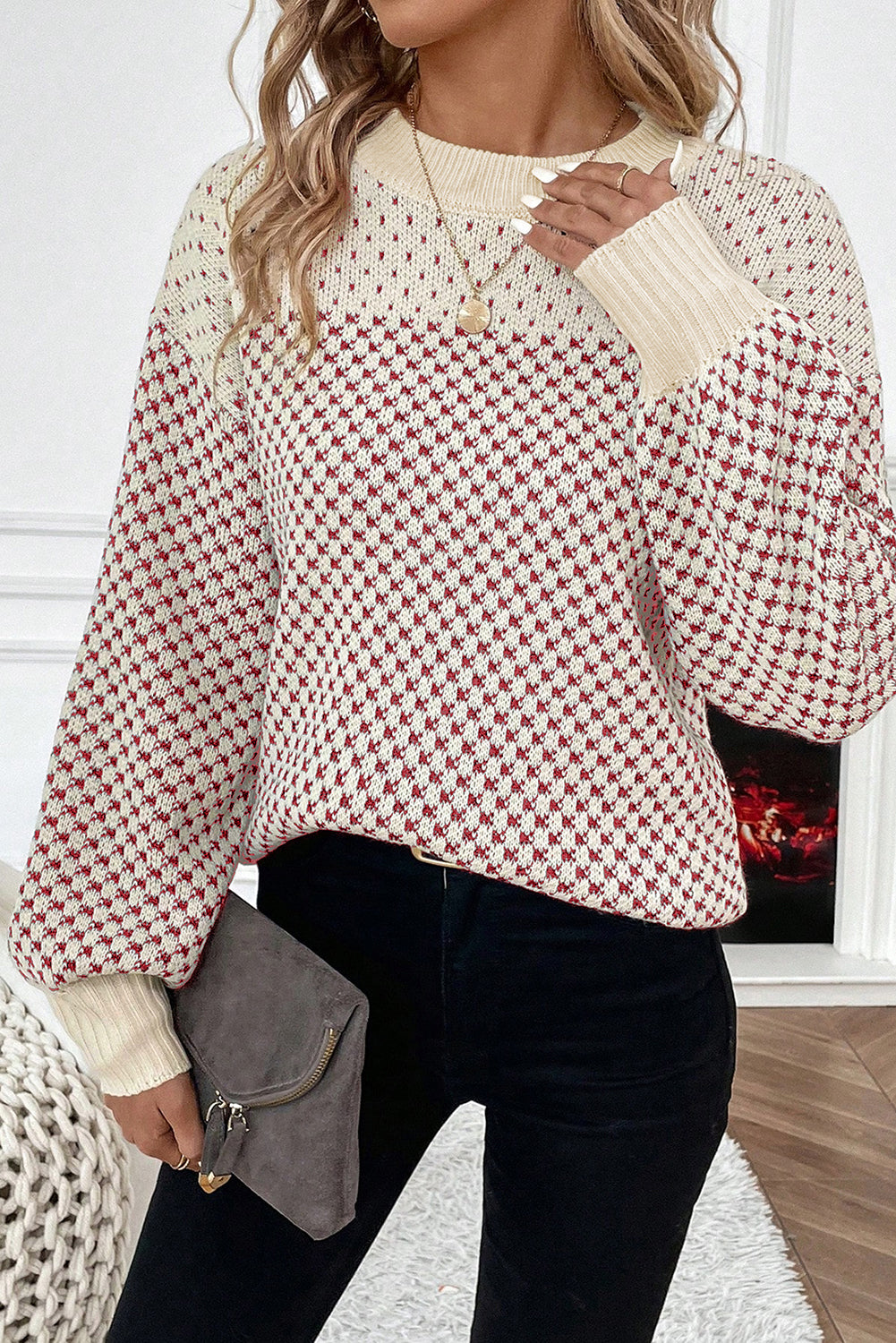 Red Colorblock Bishop Sleeve Knit Sweater a8832bdc69c5cac0