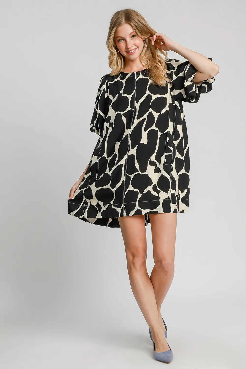 Umgee Full Size Two Tone Abstract Print Puff Sleeve Dress Plus Size a89792e5-dc85-4463-aa2f-1f2634871912-Max