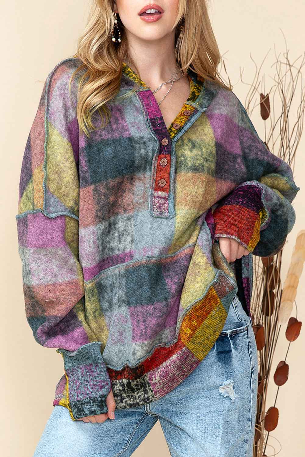 Multicolor Brushed Check Kangaroo Pocket Thumbholes Henley Hoodie Multicolor 100%Polyester a89c4e7edfebddc8