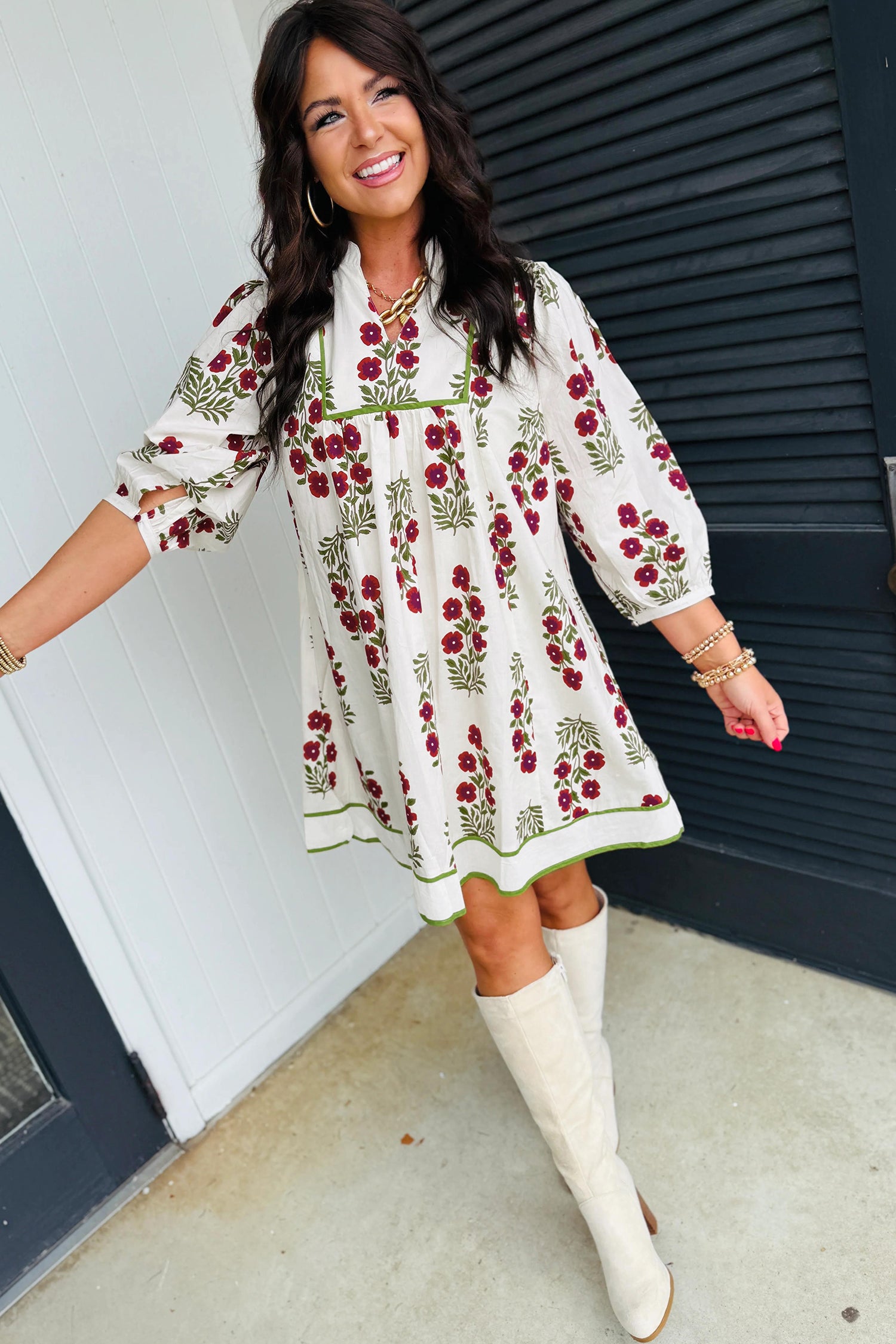 White Frilled V Neck 3/4 Sleeve Loose Floral Dress a8a22a8a2cae01f4