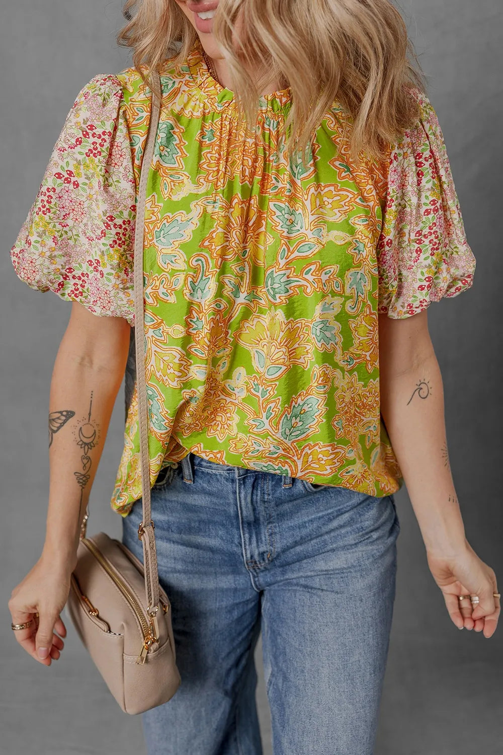 Multicolour Printed Contrast Bubble Sleeve Patchwork Blouse a8a72ee5-ef2c-4e1b-8e5f-9421d634b3f7-Max-Origin