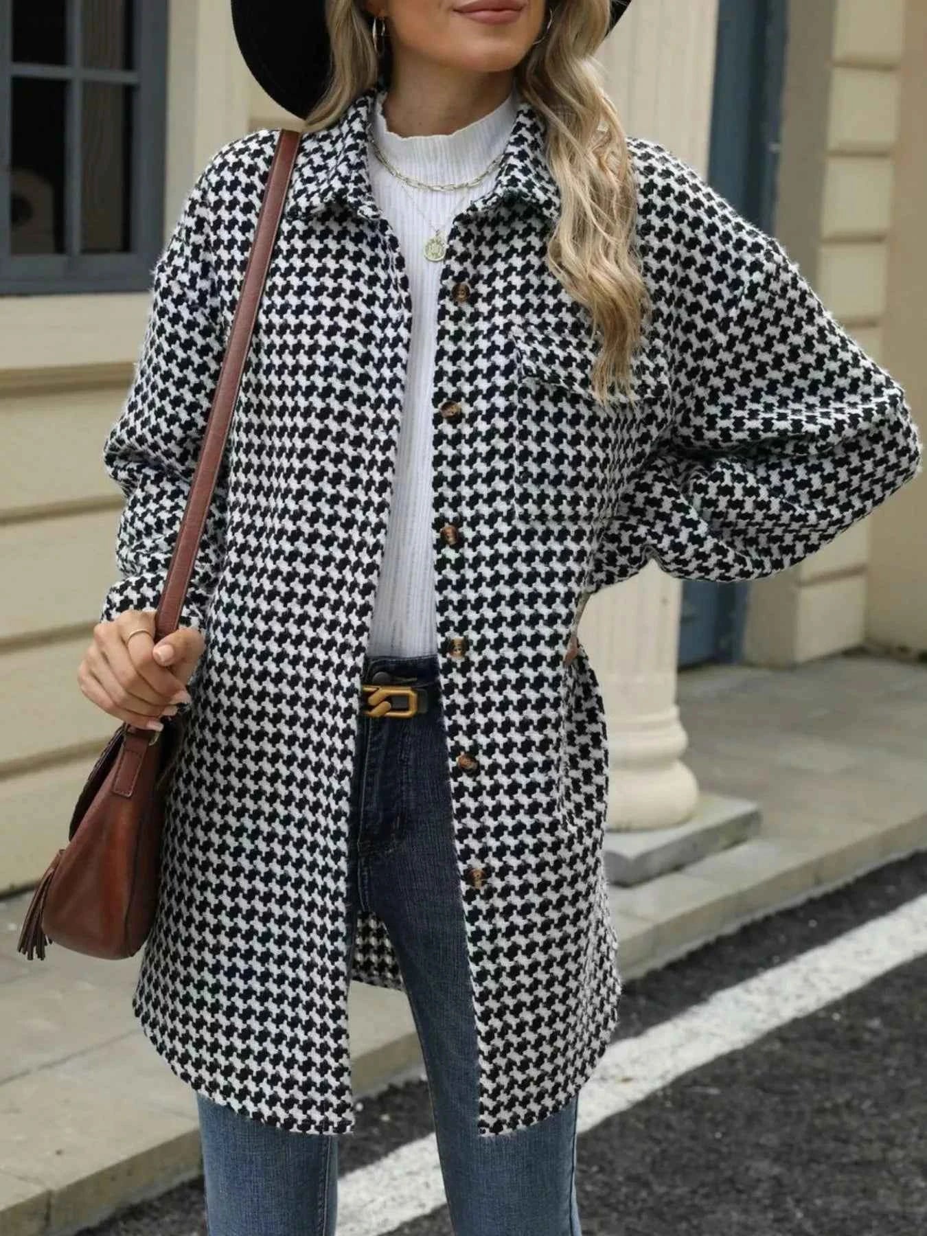 Houndstooth Button Up Long Sleeve Coat Black a8a7e04b-a9f3-4d53-afe4-7bc509a2678e-Max-Origin