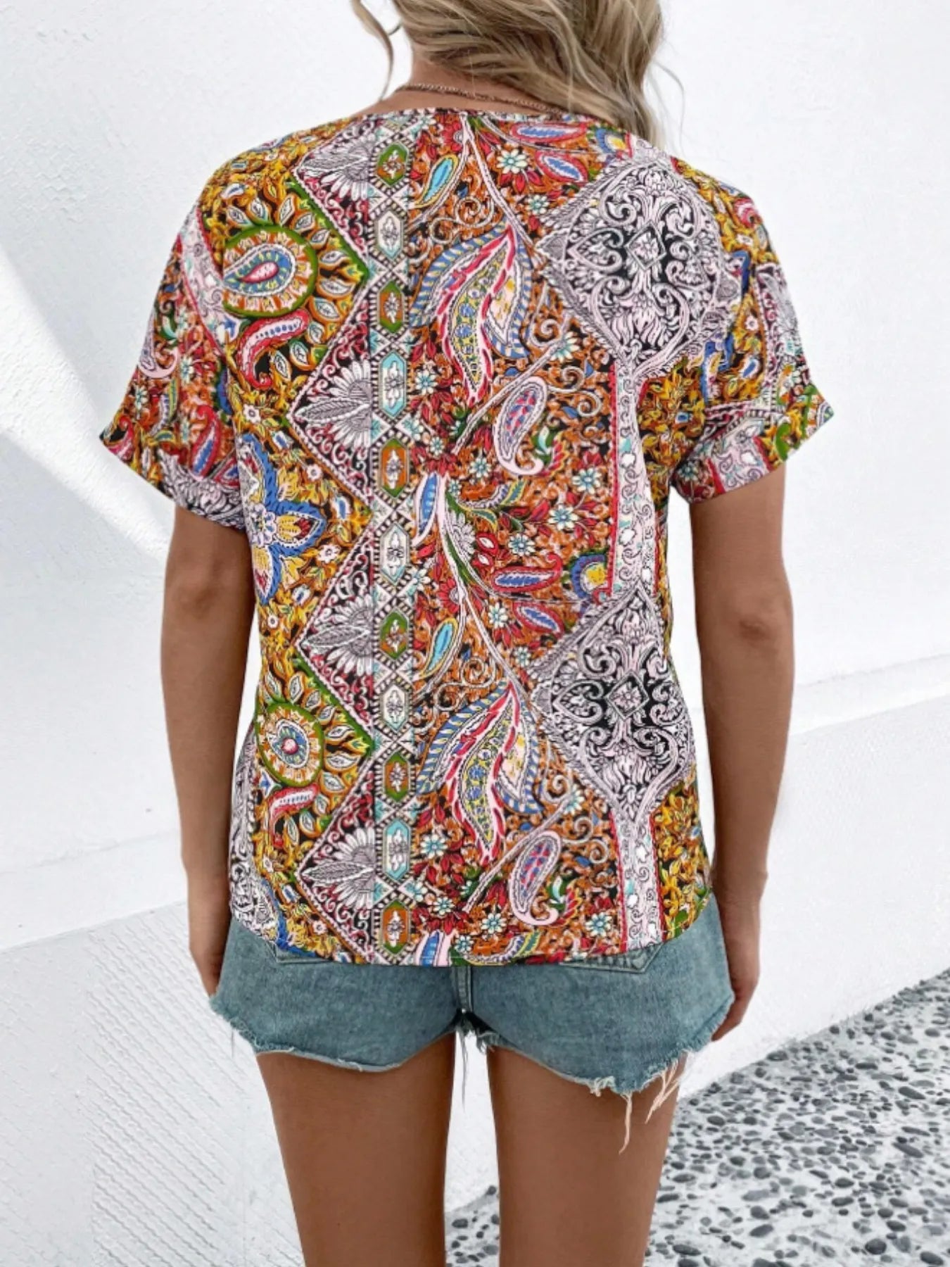Bohemian Paisley Print V-Neck Short Sleeve T-Shirt a8a9a810-971c-492f-8a9d-f5894c9ca514-Max-Origin