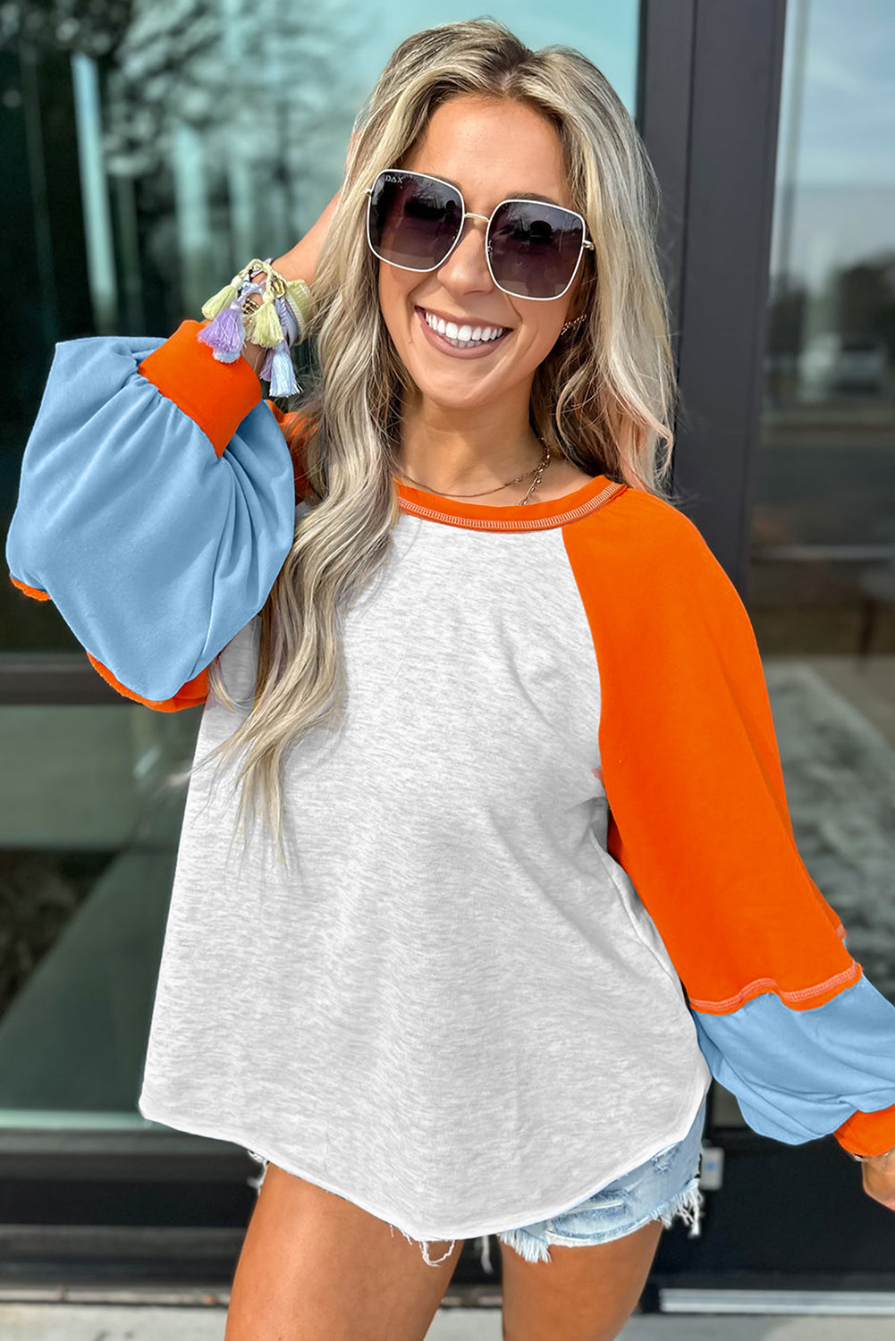 Light Grey Colorblock Raglan Sleeve Loose Fit Top a8aadf46bd632392