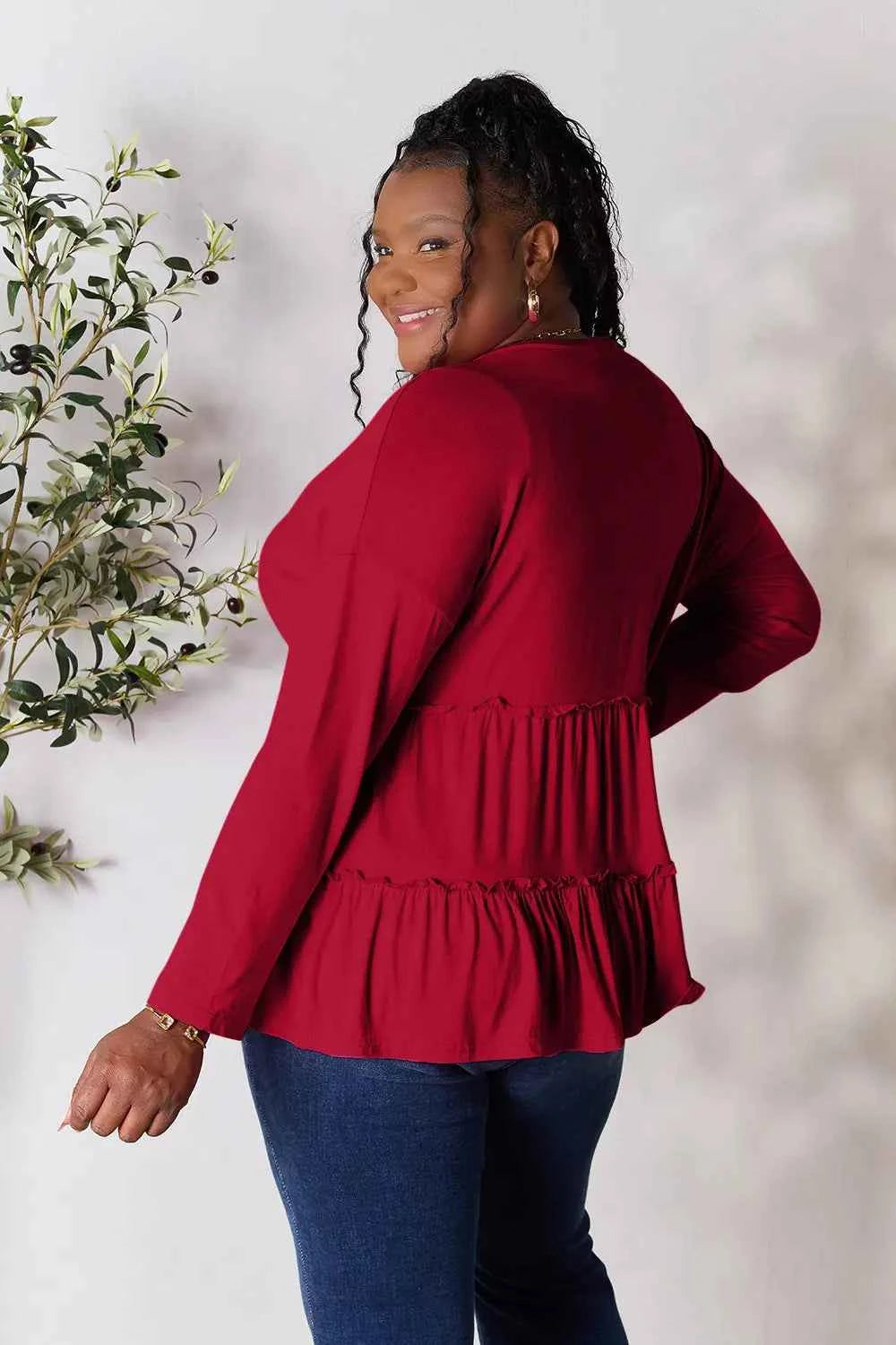 Double Take Half Button Long Sleeve Ruffle Hem Blouse a8ad8878ebd1424288f7bd3e71478642-Max