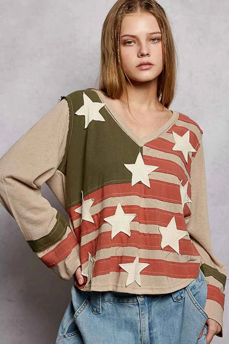 POL Double Gauze American Flag Patch V-Neck Long Sleeve T-Shirt MOCHA MULTI a8aff710-e65c-42f8-b5cb-2b1dca0850fe-Max-Origin