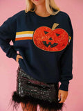 Halloween Sequin Round Neck Sweatshirt Dark Blue Pumpkin Strips a8b45cdb-0007-421d-9c67-cb3b284ae56c-Max-Origin