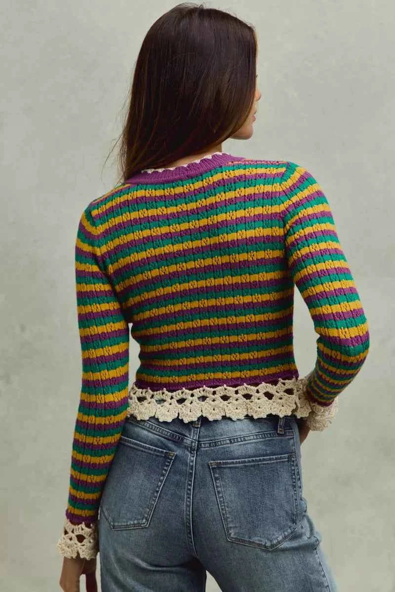 SO ME Mardi Gras Striped Cropped Knit Top with Crochet Edge a8b61b6fcc9b4b328e05b93fde72e543-Max-Origin