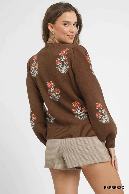 Floral Knit Sweater with Puff Sleeves a8b929b1-e8c7-4906-b234-a8c711395e38-Max-Origin
