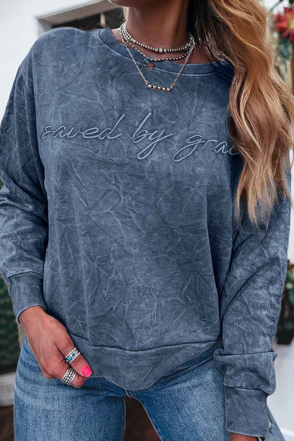 Real Teal saved by grace Letter Embroidery Mineral Wash Loose Sweatshirt a8b9f859de2faaed