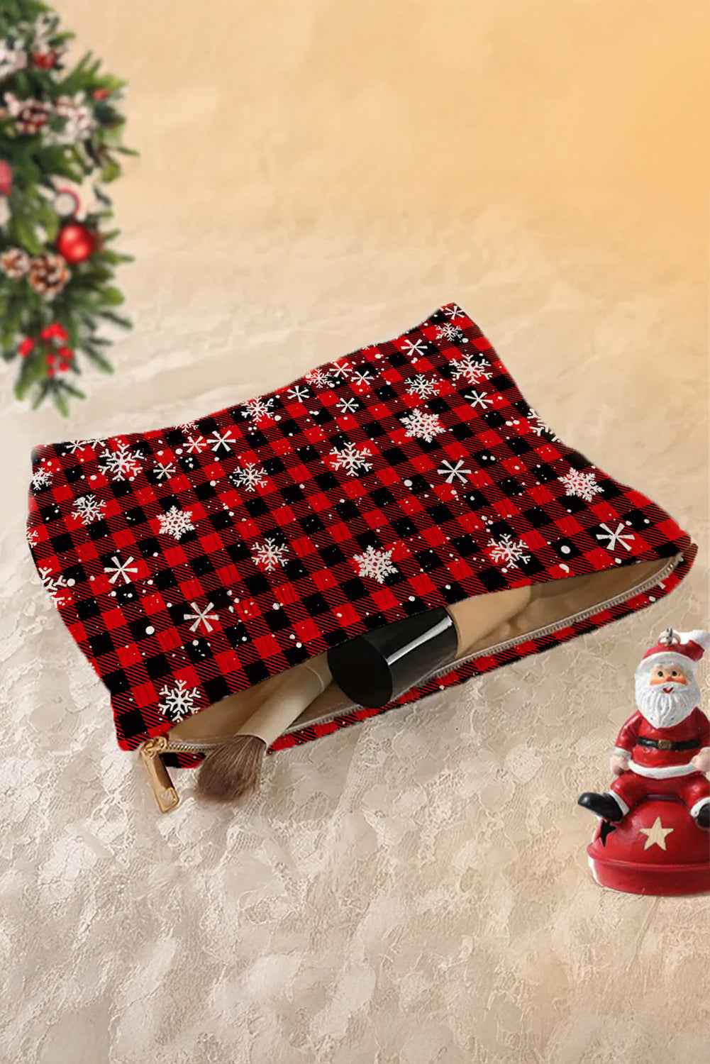 Fiery Red Plaid Christmas Snowflake Print Cosmetic Bag a8bea540d6ac3ec0