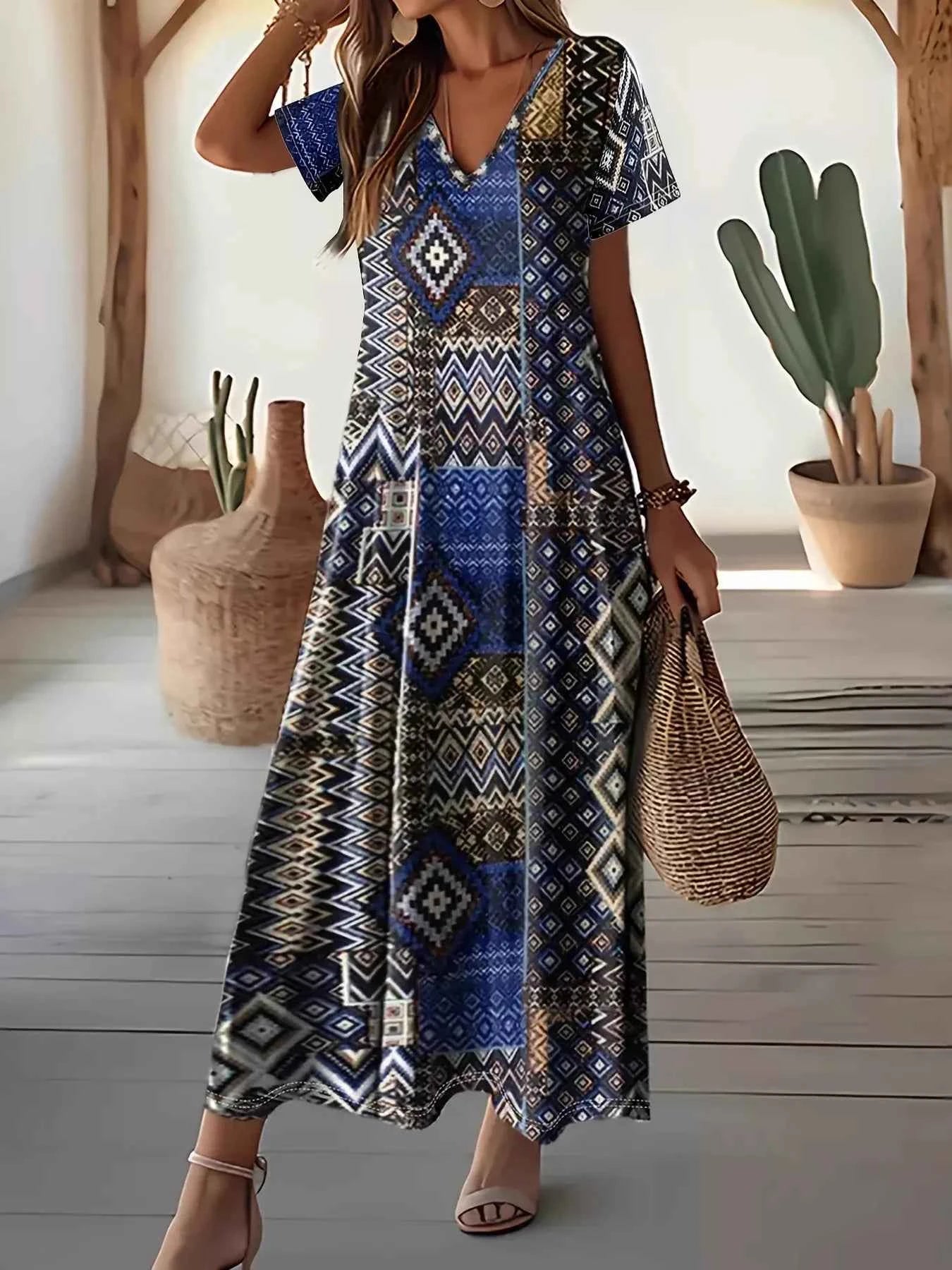 Plus Size Geometric Print V-Neck Short Sleeve Dress Navy a8c49d877121414eb84855b1f2304dc7-Max-Origin