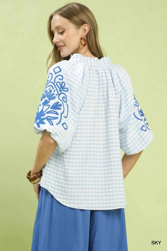Gingham Embroidered Balloon Sleeve Top a8c58ef3-8280-40ba-ab9d-007869472e56-Max-Origin