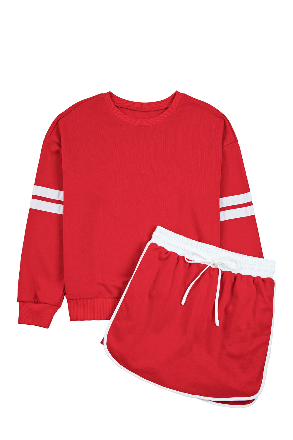 Tillandsia Purple Varsity Stripe Detail Drop Shoulder Pullover Mini Skirt Set Fiery Red 65%Polyester+35%Cotton a8c8e0c503bb3ca8
