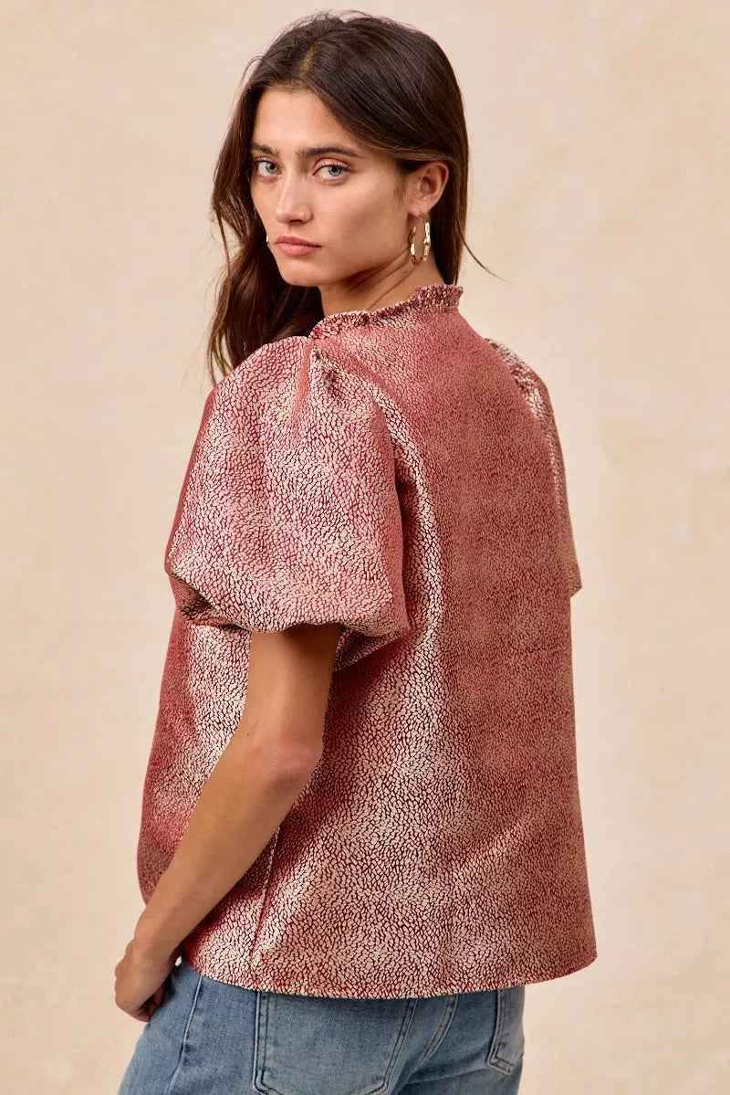BiBi Jacquard Woven Short Balloon Sleeves V Neck Top a8cbe2f0b03444a2a5d96a513d5954e2-Max-Origin