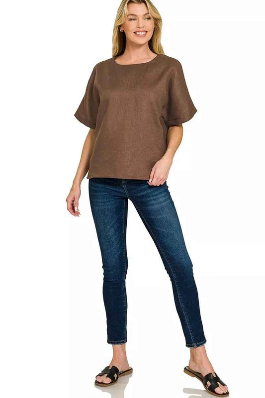Linen Round Neck Cuffed Sleeve Top a8d24e4ccfe448f0b53184098009d1fb-Max-Origin