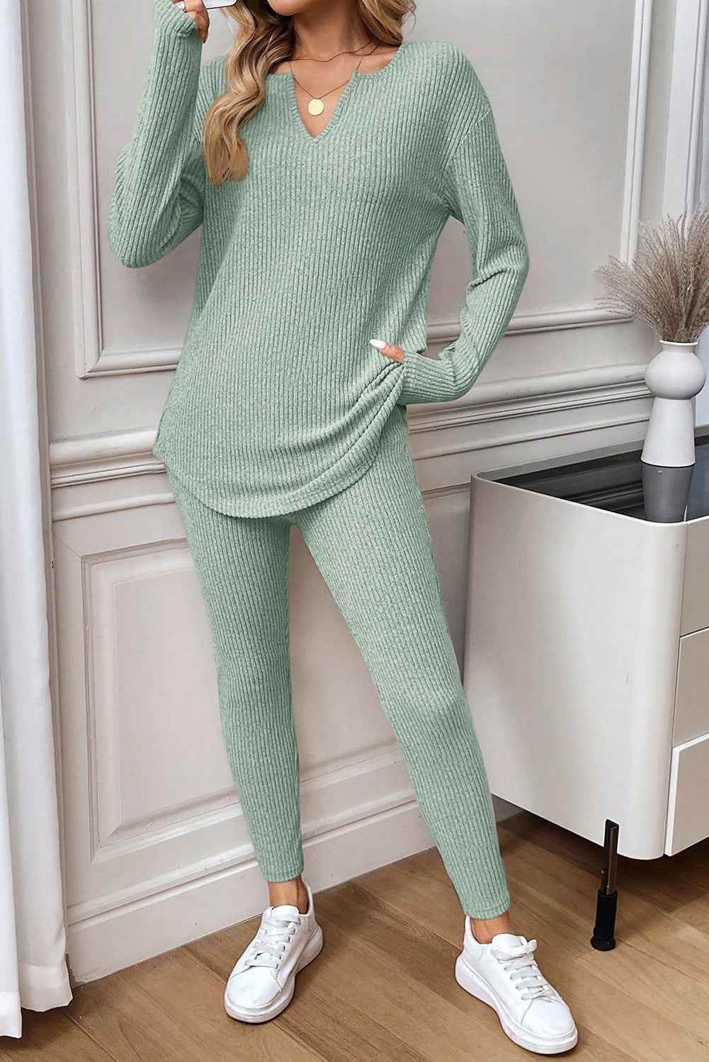 Racing Red Ribbed Notched Neck Knit Long Sleeve Leggings Two Pieces Lounge Set a8d596809bfbda90
