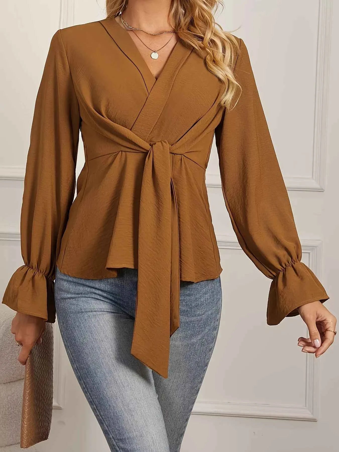 Knot Front Long Sleeve Blouse a8d6d18303fb4f00aad6dacb38183117-Max-Origin