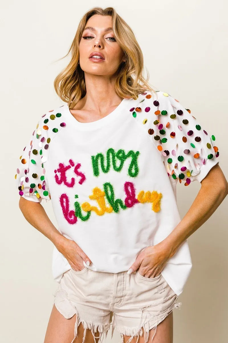 BiBi Metallic Letter Spangle Raglan Puff Sleeve Top a8dbe91ae11d4b7abc9d1a713b76dace-Max-Origin