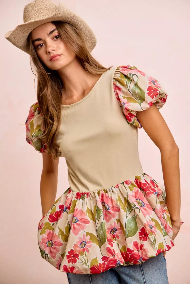 BiBi Floral Printed Bubble Sleeves and Hem Peplum Top a8df2e3252c6468e9a744b09001d5c27-Max-Origin