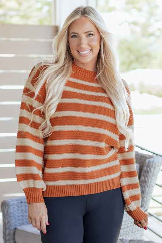 Stripe Ribbed Trim Drop Shoulder Sweater Orange Stripe a8e06007-3cb8-4124-a03d-233d1f4bc660