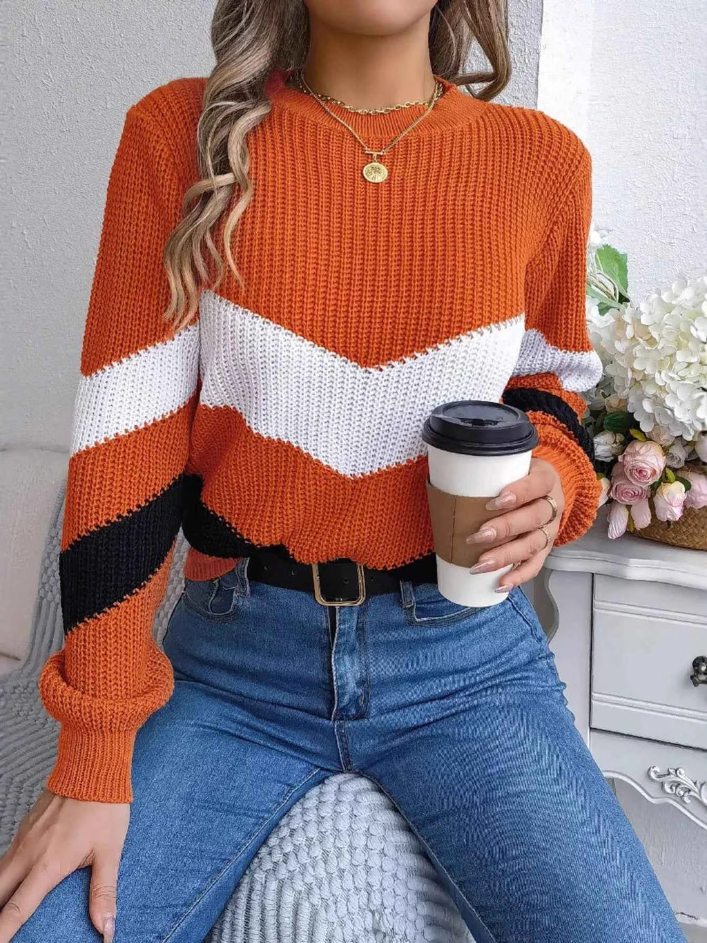 Chevron Stripe Color Block Round Neck Sweater a8e38892c1d643bb9fec72e5d53a061b-Max-Origin