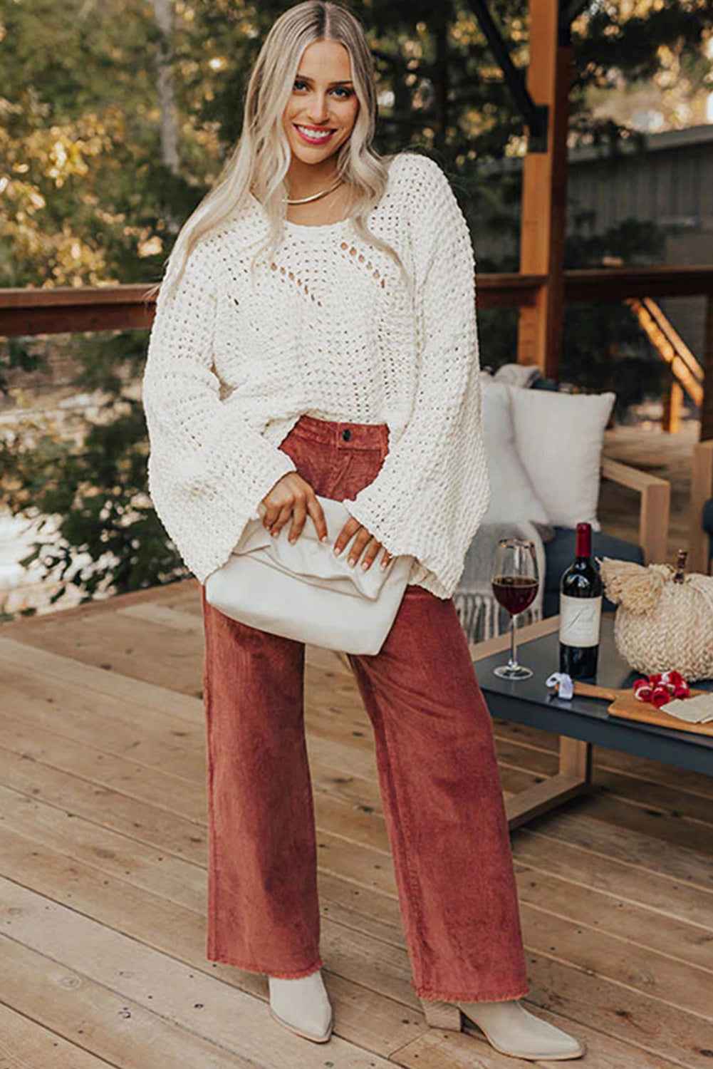 Camel Hollowed Detail Wide Sleeve Loose Pullover Sweater a8e61ab2fcd523bd