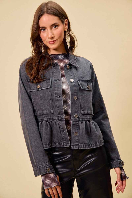 SO ME Denim Peplum Hem Front Button Jacket With Pockets BLACK a8e70b4a94b84dcfa4911f76831b0666-Max