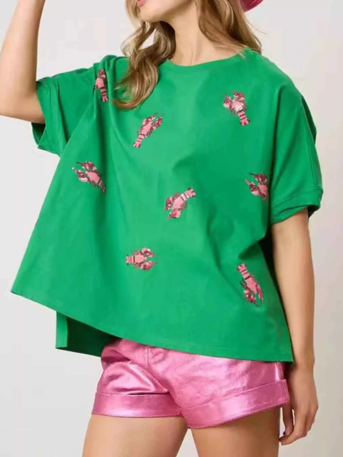 Sequin Lobster Round Neck T-Shirt Green a8e79348-8a76-48ad-886d-b9b4942a8f83-Max-Origin