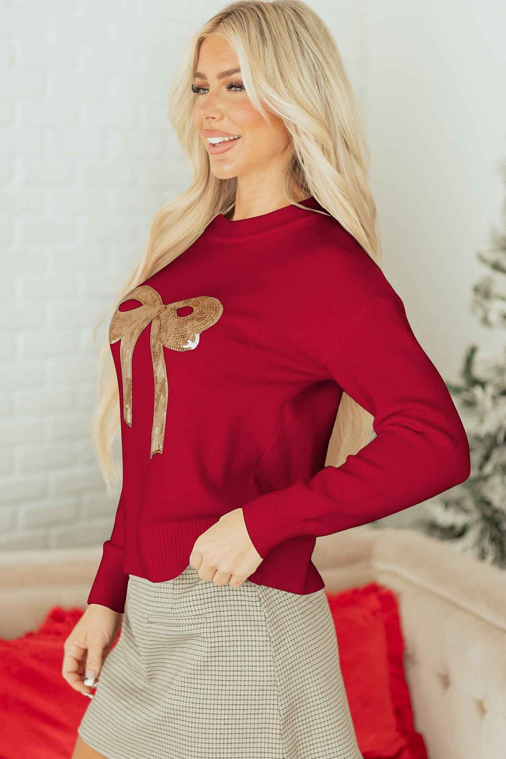 Rose Red Sequined Bow Graphic Christmas Holiday Sweater a8e97739441857fb