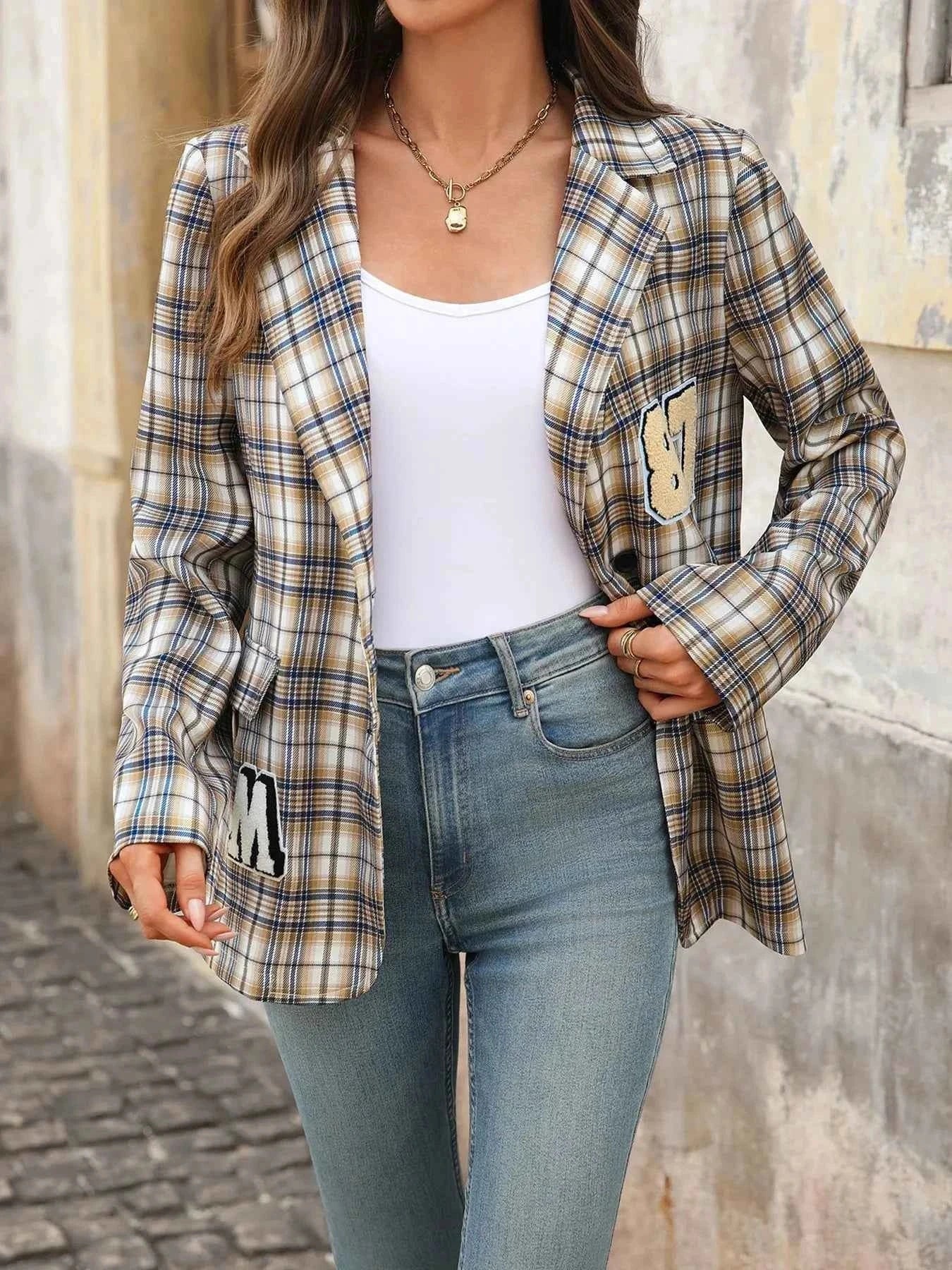 Number 87 Plaid Long Sleeve Blazer a8ebe07d646f41289478581df40bf868-Max-Origin
