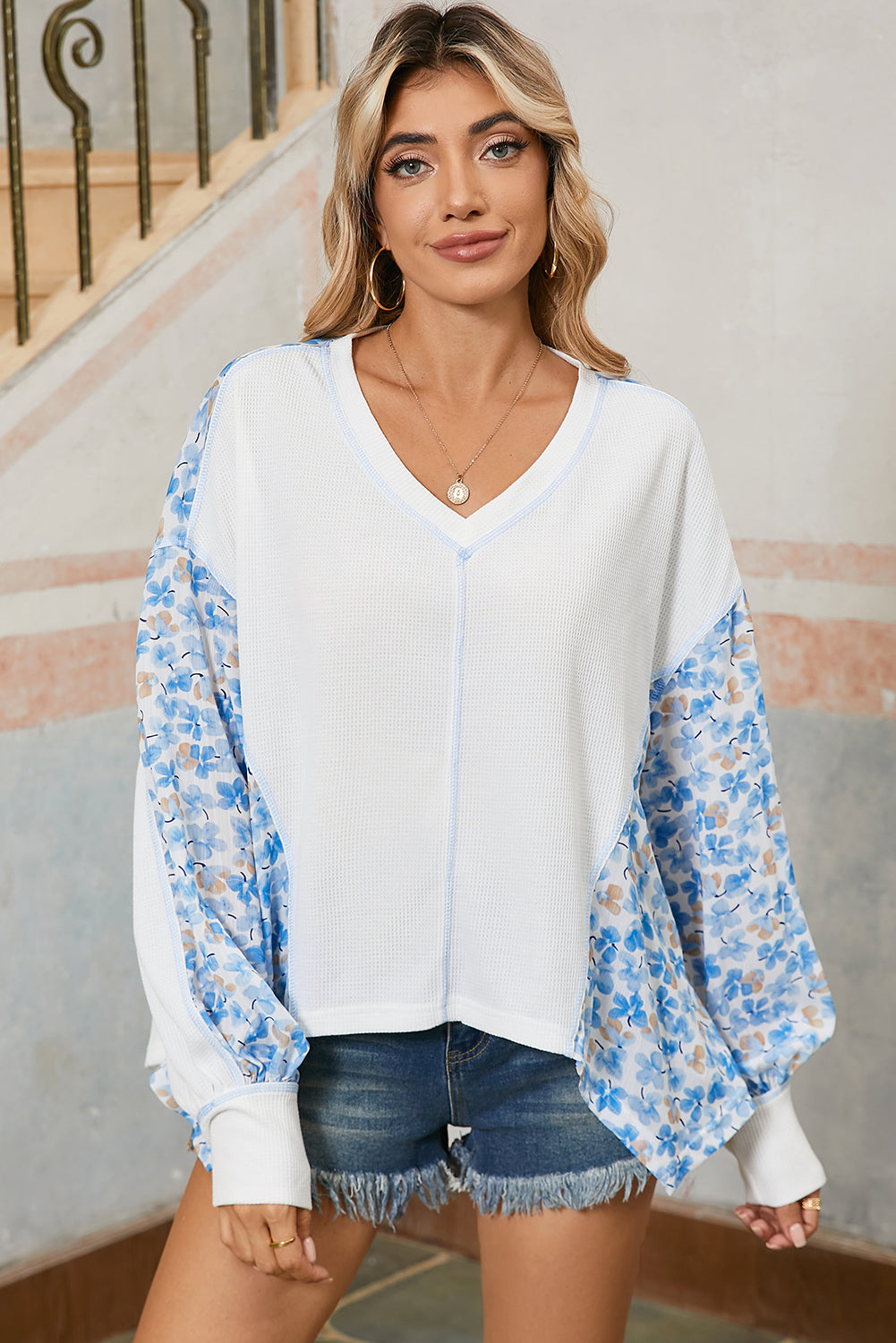 White Abstract Patchwork Waffle V Neck Dolman Top a8ee88a0101370bc