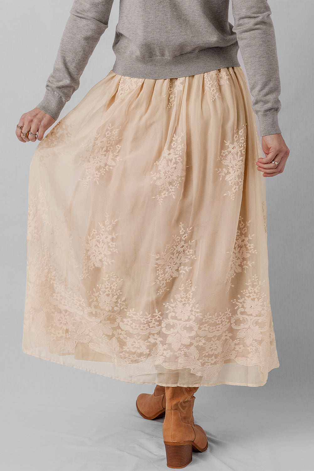 Oatmeal Embroidered Mesh Overlay Flowy Long Skirt a8f00877d35b28f2