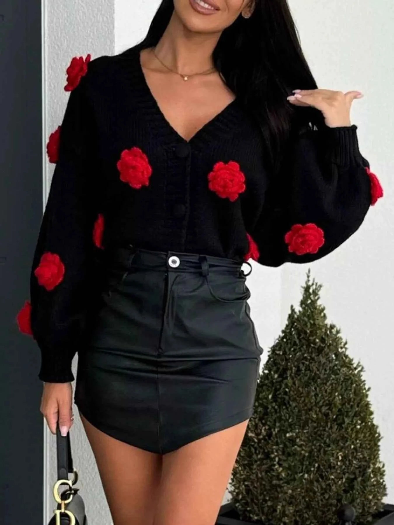 Rose Embellished V-Neck Cardigan Apricot a8f7c912-6a95-49d0-ae44-af3a7406d2f6-Max-Origin