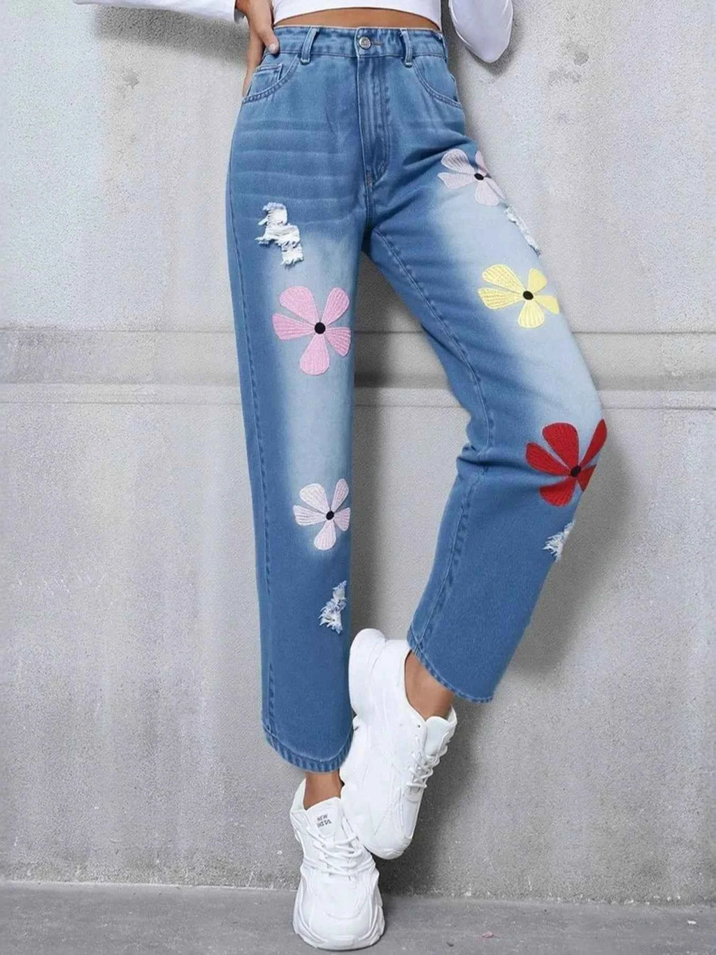 Floral Embroidered High Waist Distressed Jeans Blue a8f85665631741f6961dd90566af39b7-Max-Origin
