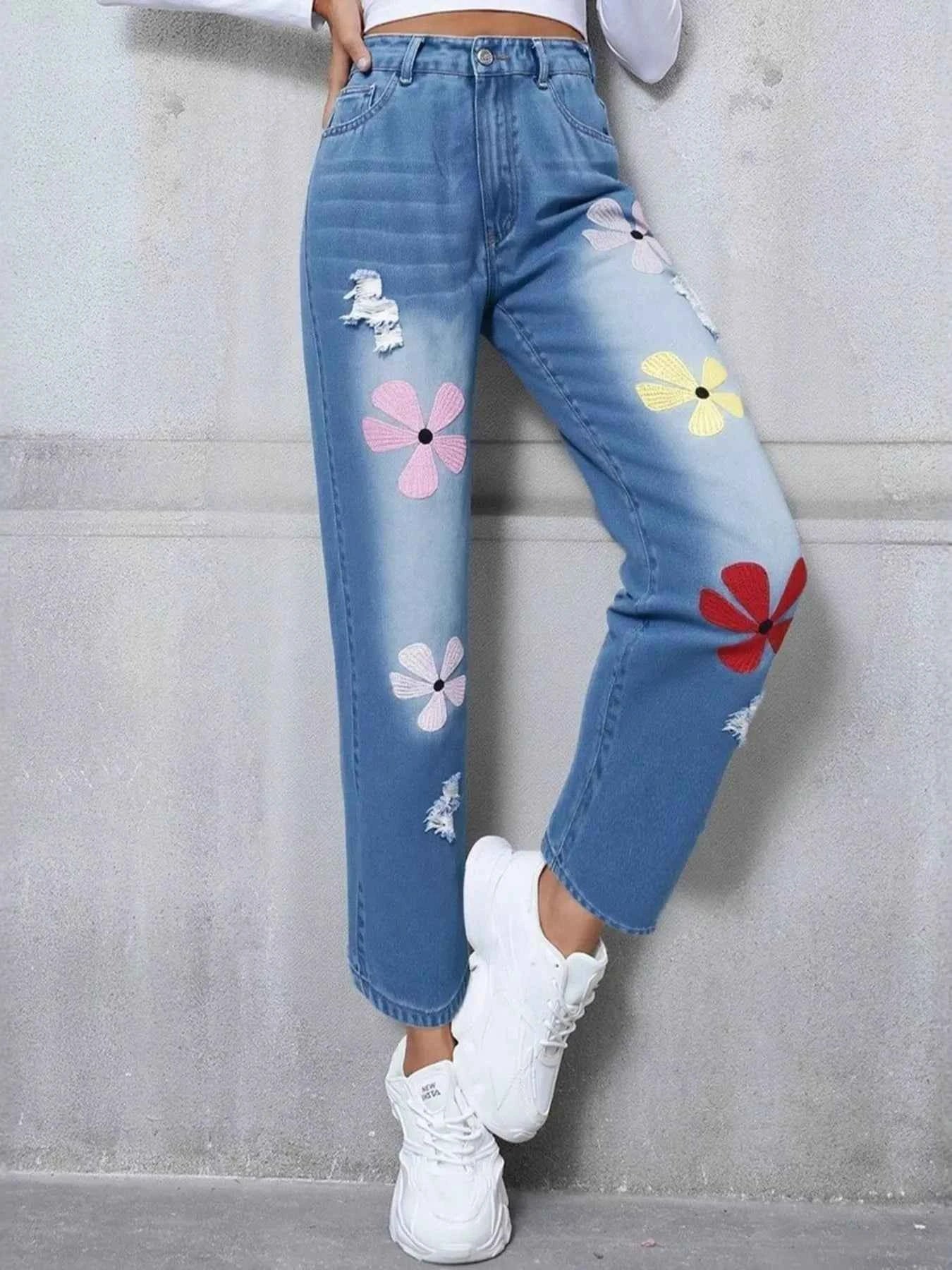 Floral Embroidered High Waist Distressed Jeans Blue a8f85665631741f6961dd90566af39b7-Max-Origin