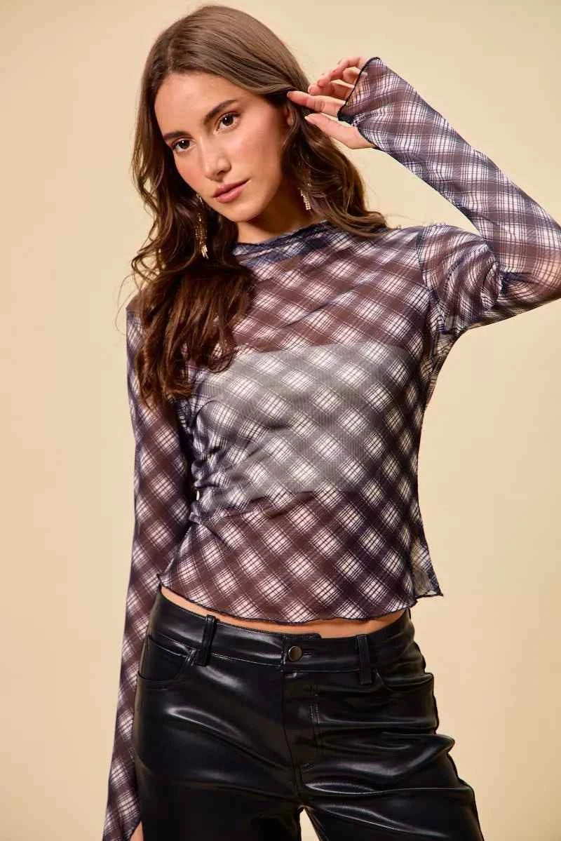 Plaid Mesh Knit Long Sleeve Top with Thumb Opening a8f9818fc101485187c39b7034a9a93c-Max-Origin