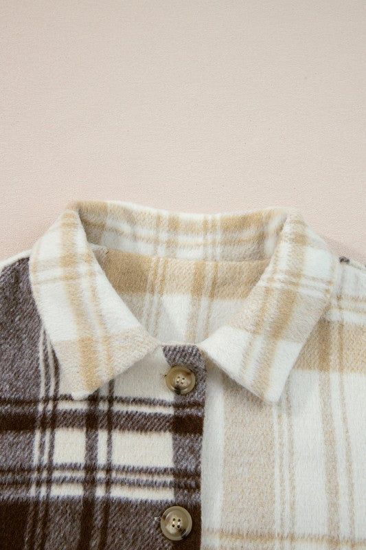 Plaid Patchwork Side Pocket Button-Up Shacket a90170ef-55f8-4b7a-ac93-7dbe62d809a1