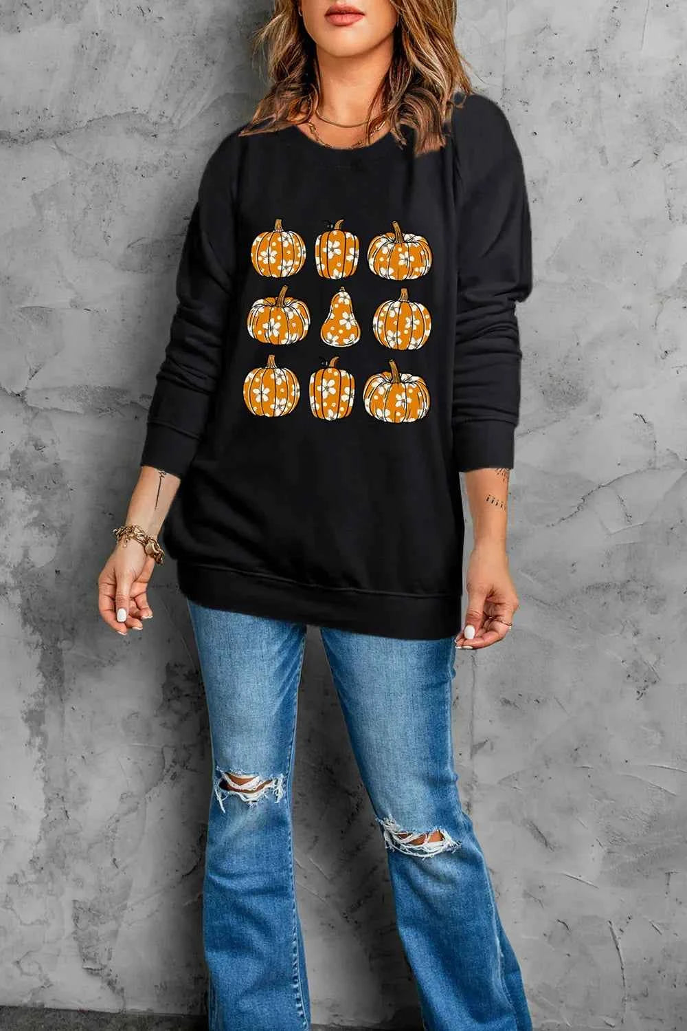 Pumpkin Round Neck Long Sleeve Sweatshirt a901dda6-2282-4d02-93ae-bef5fe60b9aa-Max