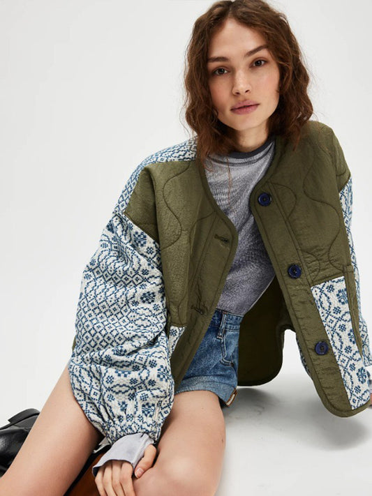 New Women's Warm Quilted Printed Patchwork Button Lightweight Cotton Coat, Slim Fit, Suitable For Autumn And Winter. a9044b22-6fbd-41d4-836e-dbf12833a95e